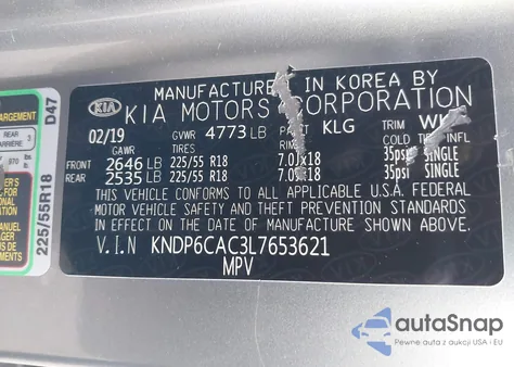 2020 Kia Sportage S z USA, uszkodzony, nr VIN KNDP6CAC3L7653621